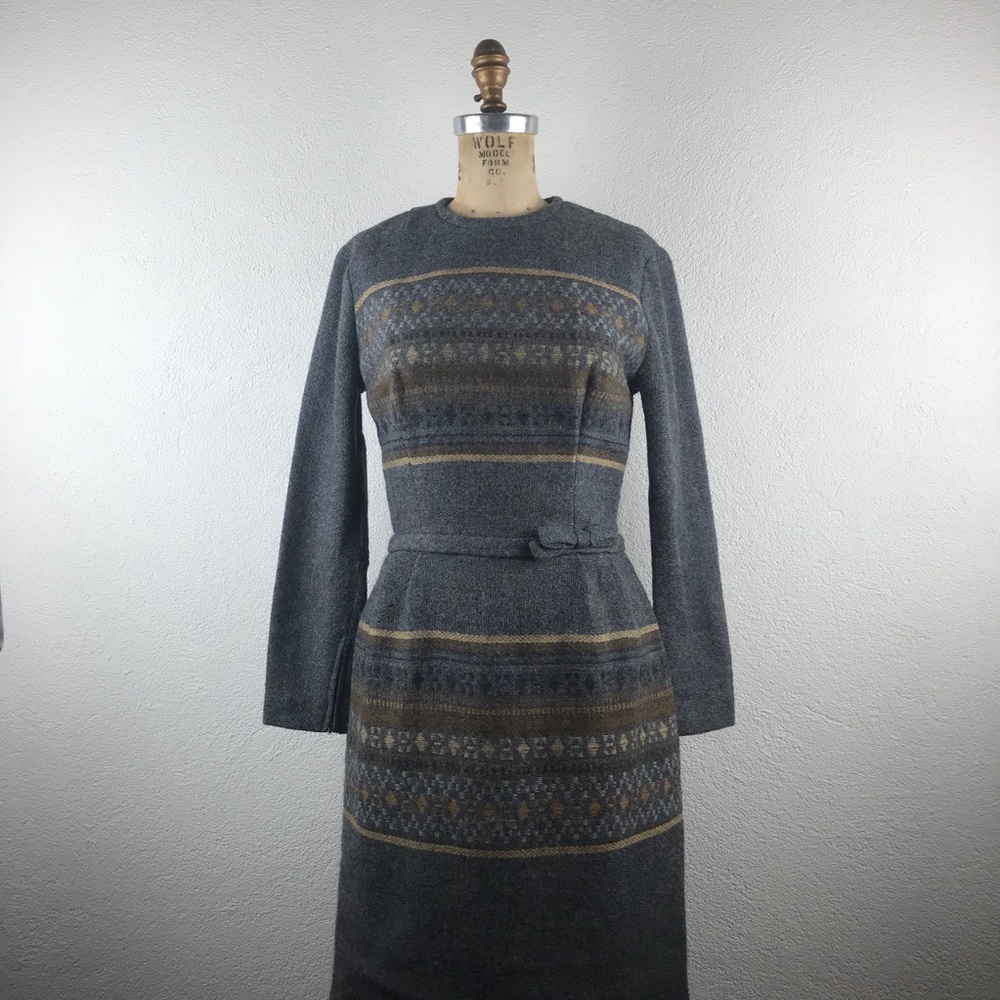 Vintage l 50s S Milarre Originals Gray Fair Isle Rockabilly Pinup Wiggle Dress
